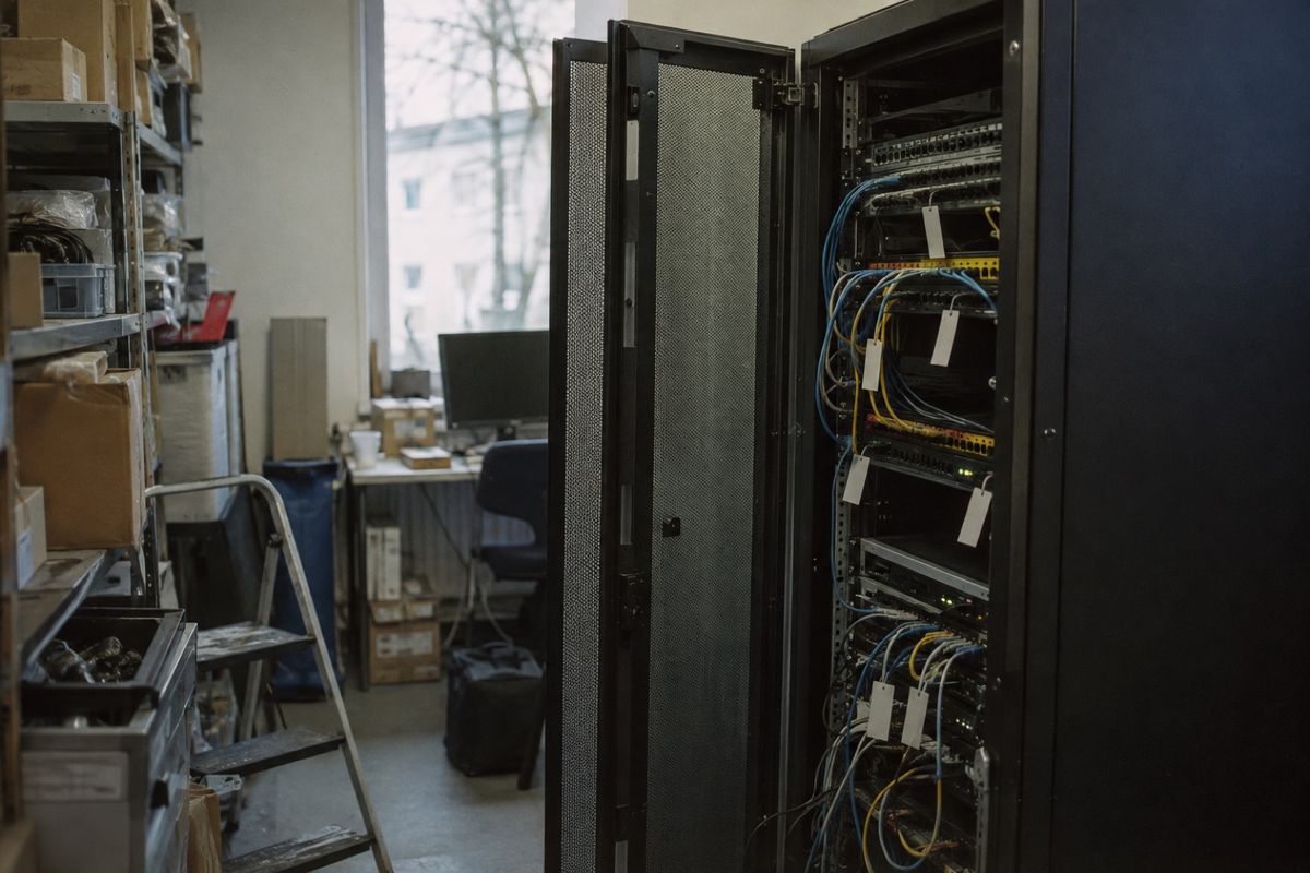 Geöffneter Serverschrank mit beschrifteten Netzwerkkabeln in einem Lagerraum mit Regalen und einem Fenster.